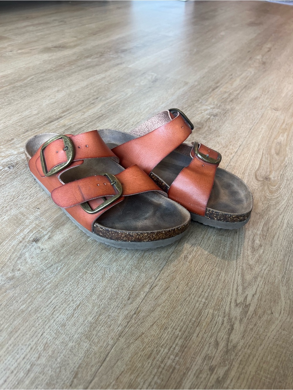 Double Buckle Leather Slide Sandals in Cognac
